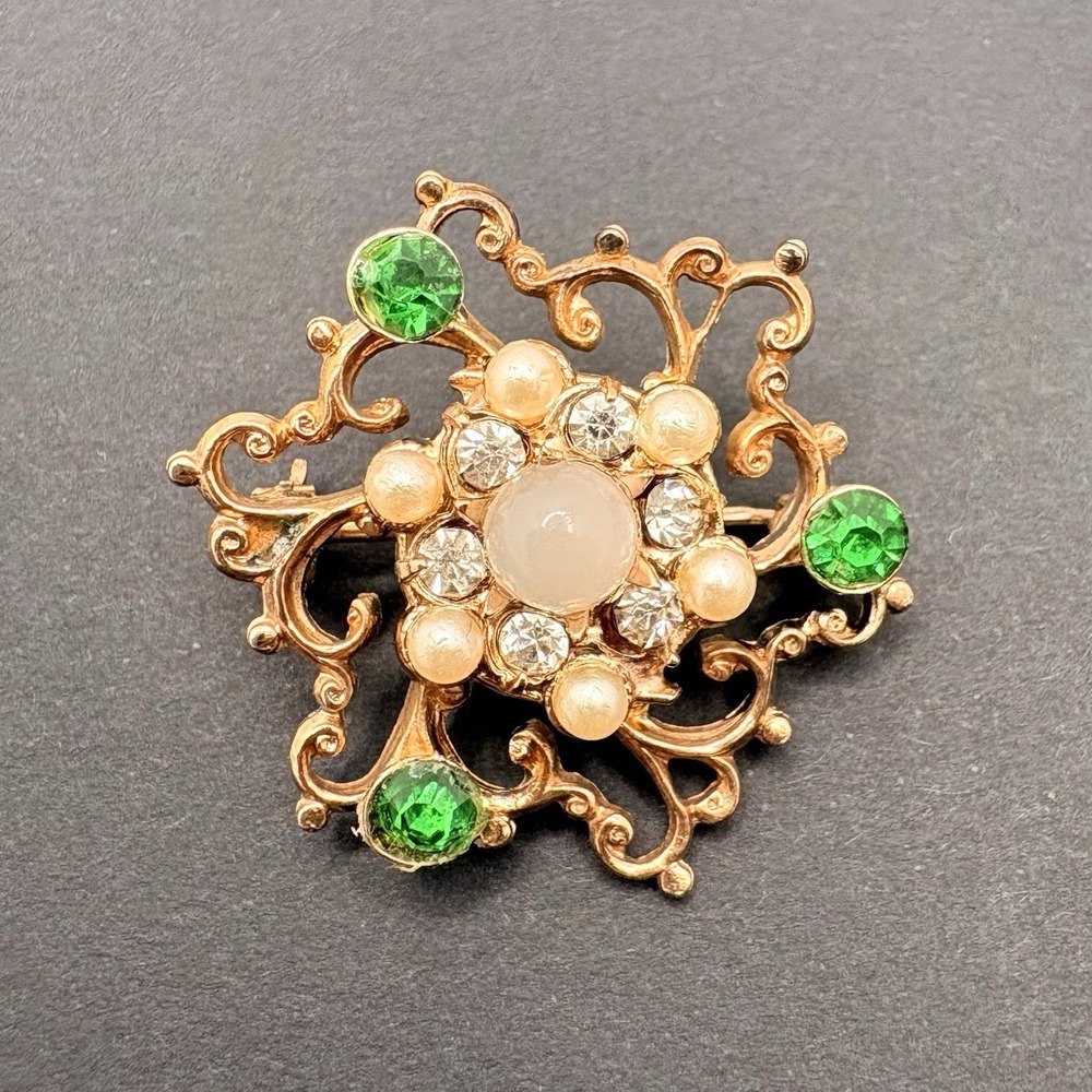 Vintage Victorian Style Open Work‎ Circle Brooch Green Rhinestone Faux Pearl